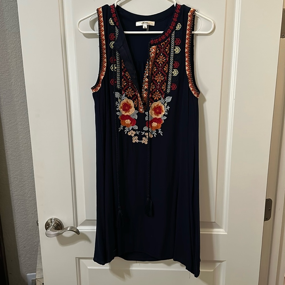 Navy embroidered lined dress